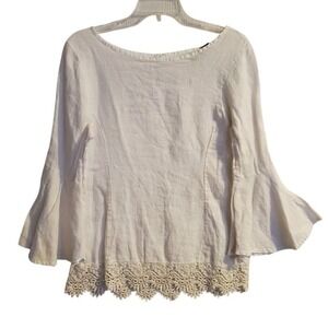 Lungo L'Arno Italy 100% Linen Top Shirt Bell Sleeves Large Beachy‎ Romantic